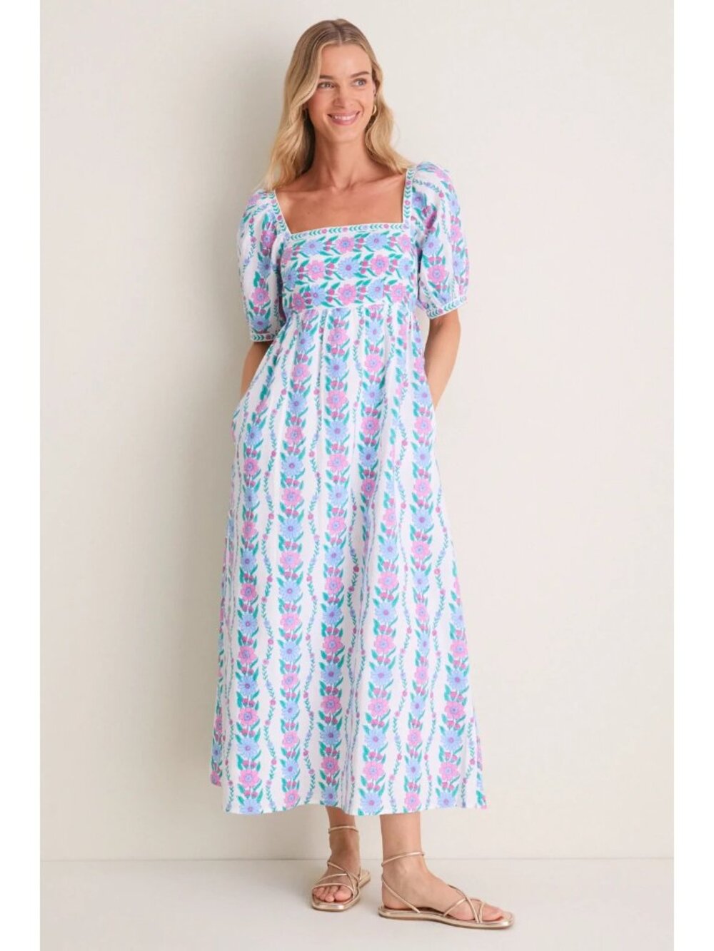 NWT PINK CITY PRINTS Elizabeth in Orchid Border Linen Cotton Maxi Dress M